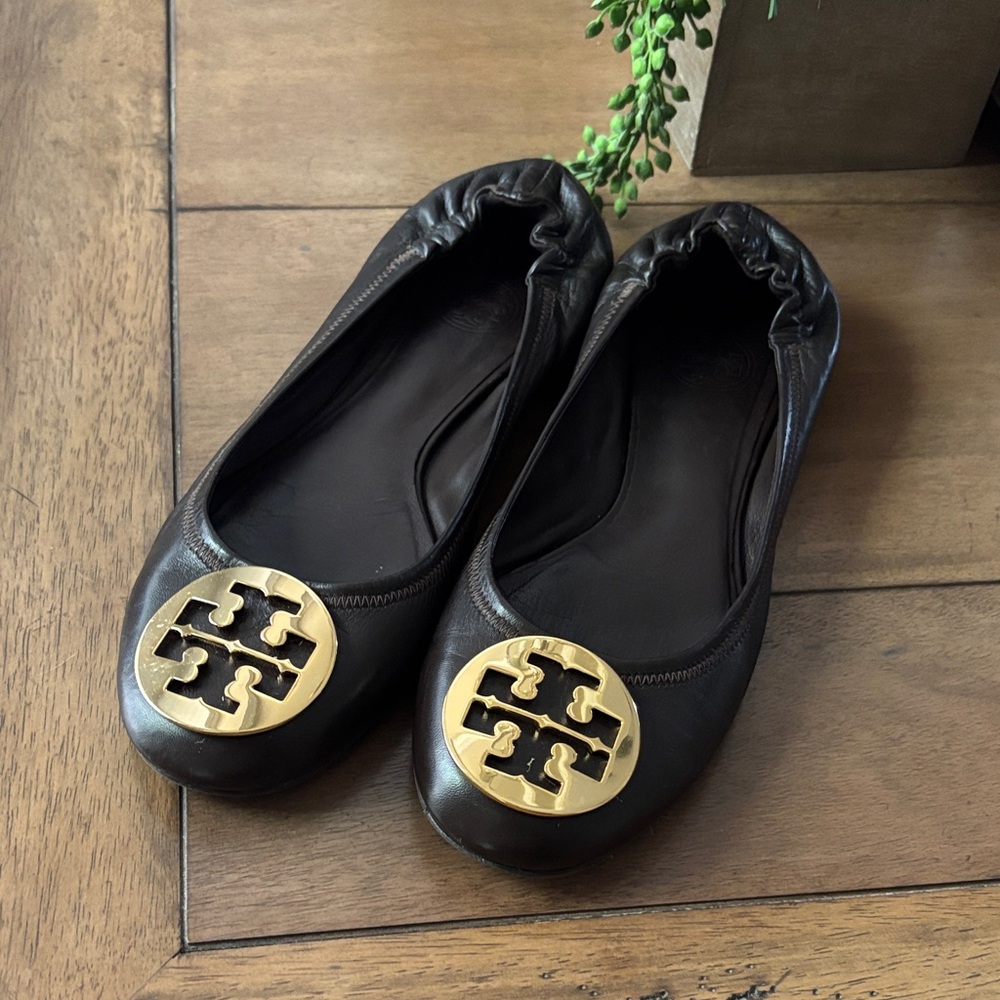 Tory Burch Dark Brown Signature Ballet Flats with Gold Emblem - Picture 2 of 8